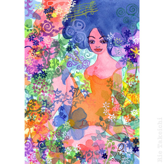 アクリル絵の具で水彩風に描いた 聖母 花と女性のイラストレーション 武市りえ Official Website