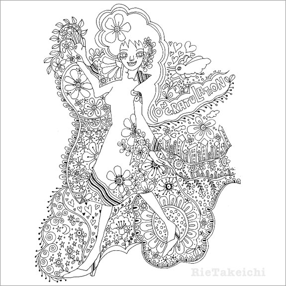 女性のイラスト Kurakura３ モノクロ線画 花と女性の